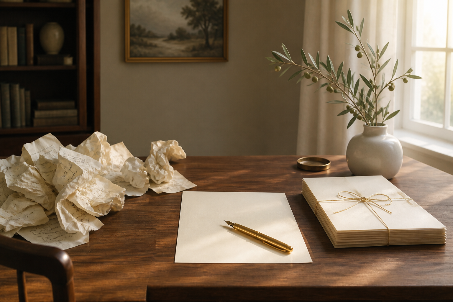 Desk with crumpled drafts pushed aside, finished pages tied with gold twine, pen on clean sheet