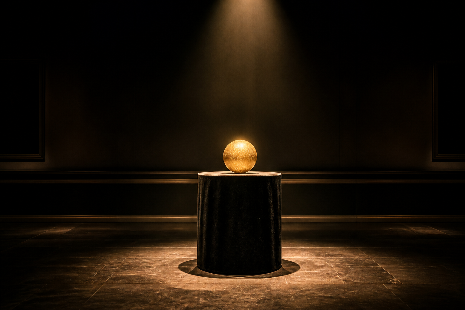 Empty velvet pedestal under spotlight with glowing gold orb
