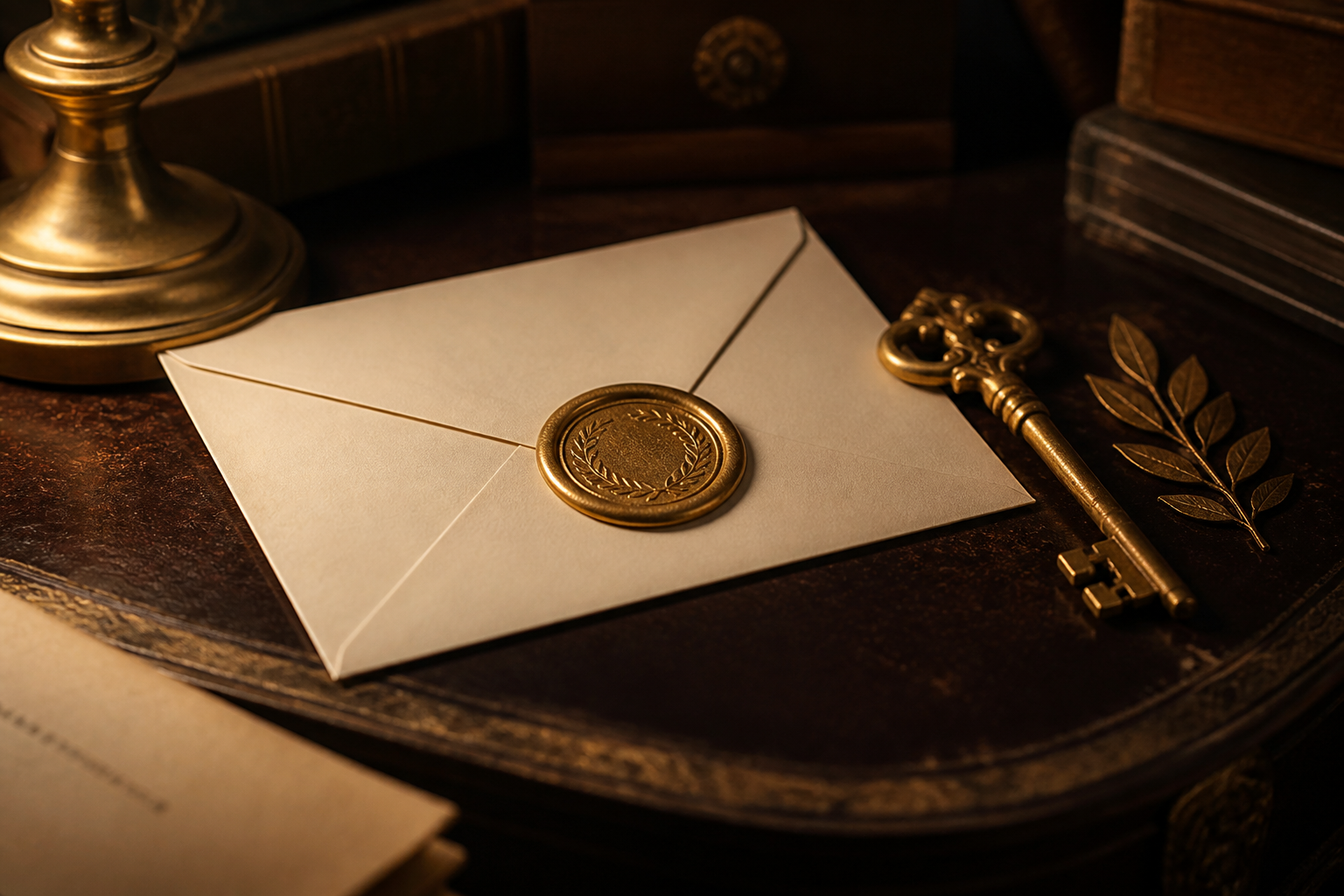 Cream envelope with gold wax seal, antique key, laurel sprig on dark desk