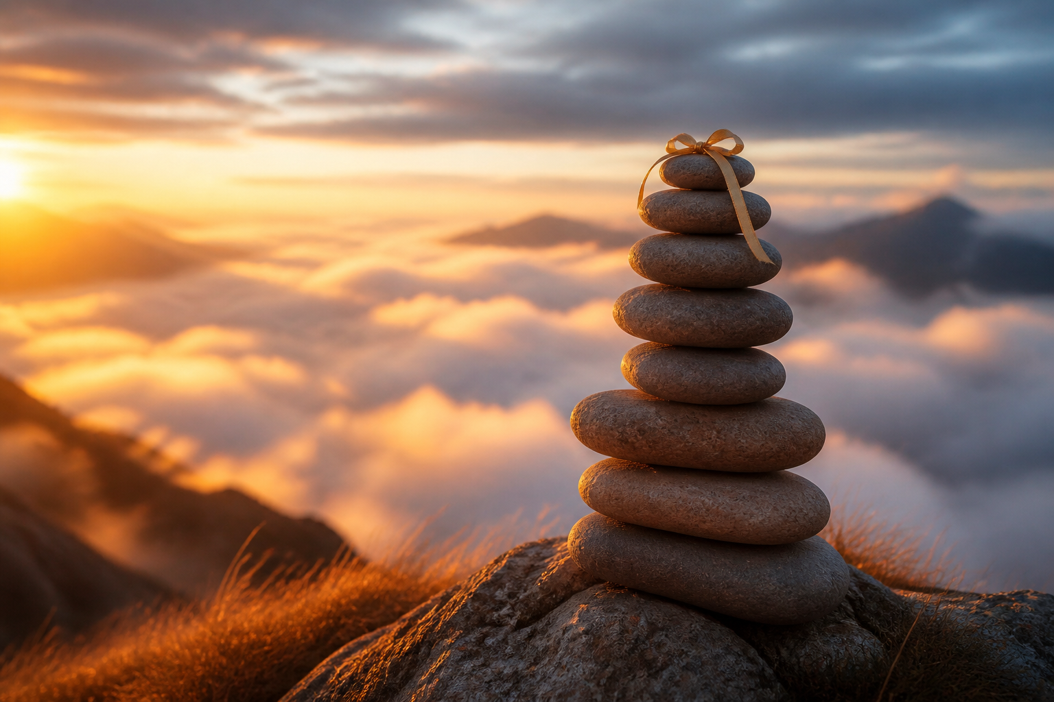 Stone cairn on mountain summit above clouds at golden hour